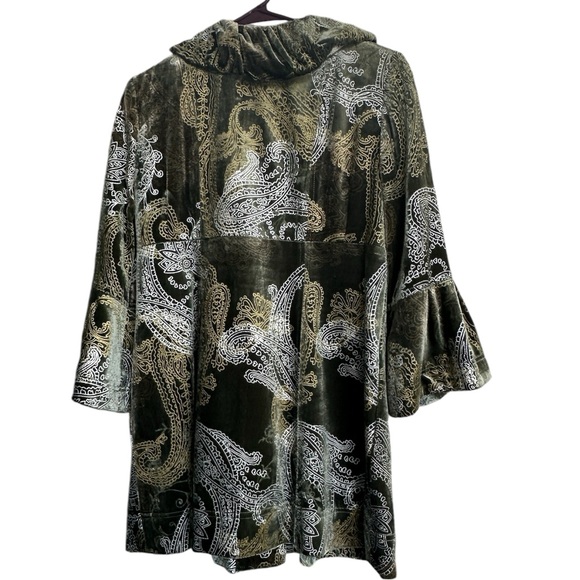 IC Paris Velvet olive Green Silver Paisley Print Silk Blazer Dressy Coat Size 4 - Picture 4 of 9